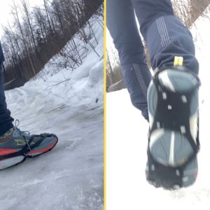 Running on the ice with Kahtoola nano spikes.